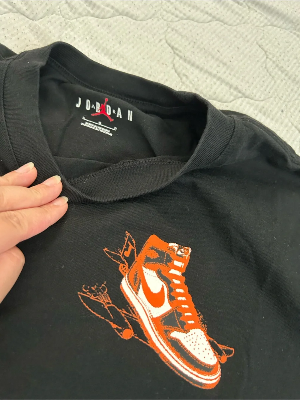 Jordan Black Tee with Orange and White Sneaker Graphic